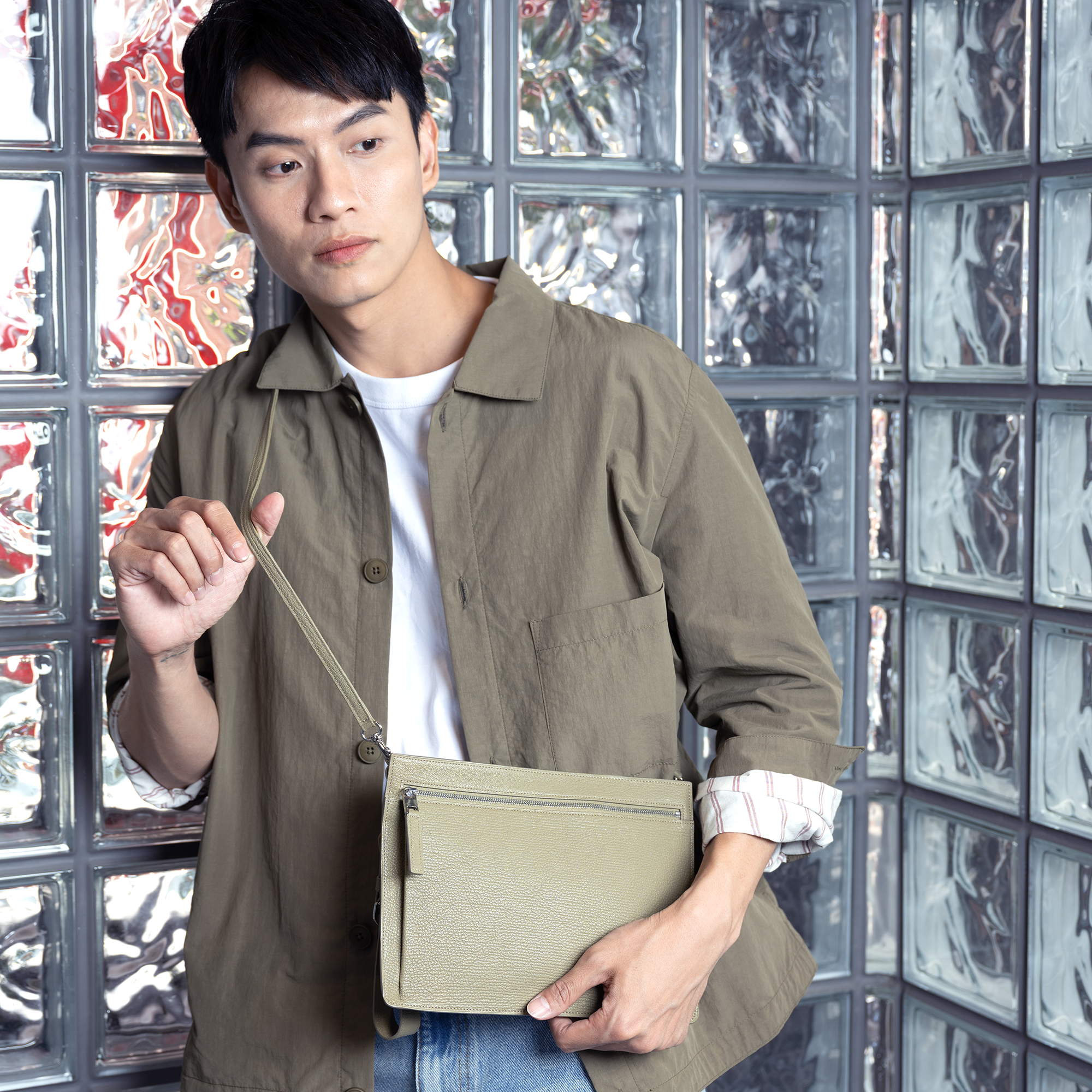 FUJITAKA|Chevre 山羊皮革手拿/單肩兩用包 (卡其棕)