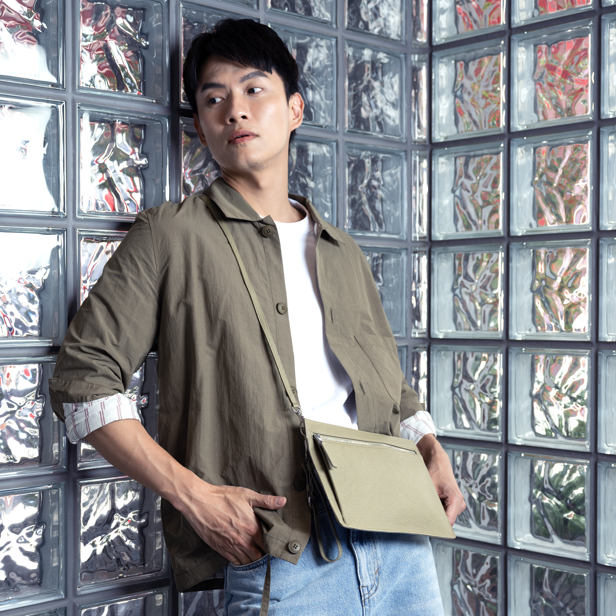 FUJITAKA|Chevre 山羊皮革手拿/單肩兩用包 (卡其棕)