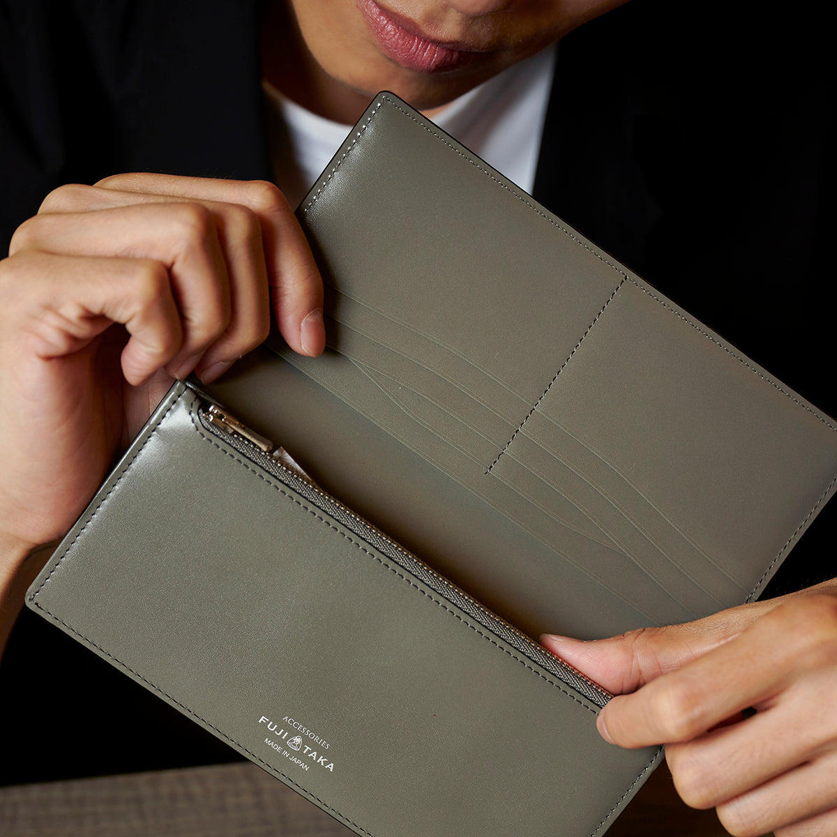 FUJITAKA|Bubble Light 柔軟皮革長皮夾 (灰)