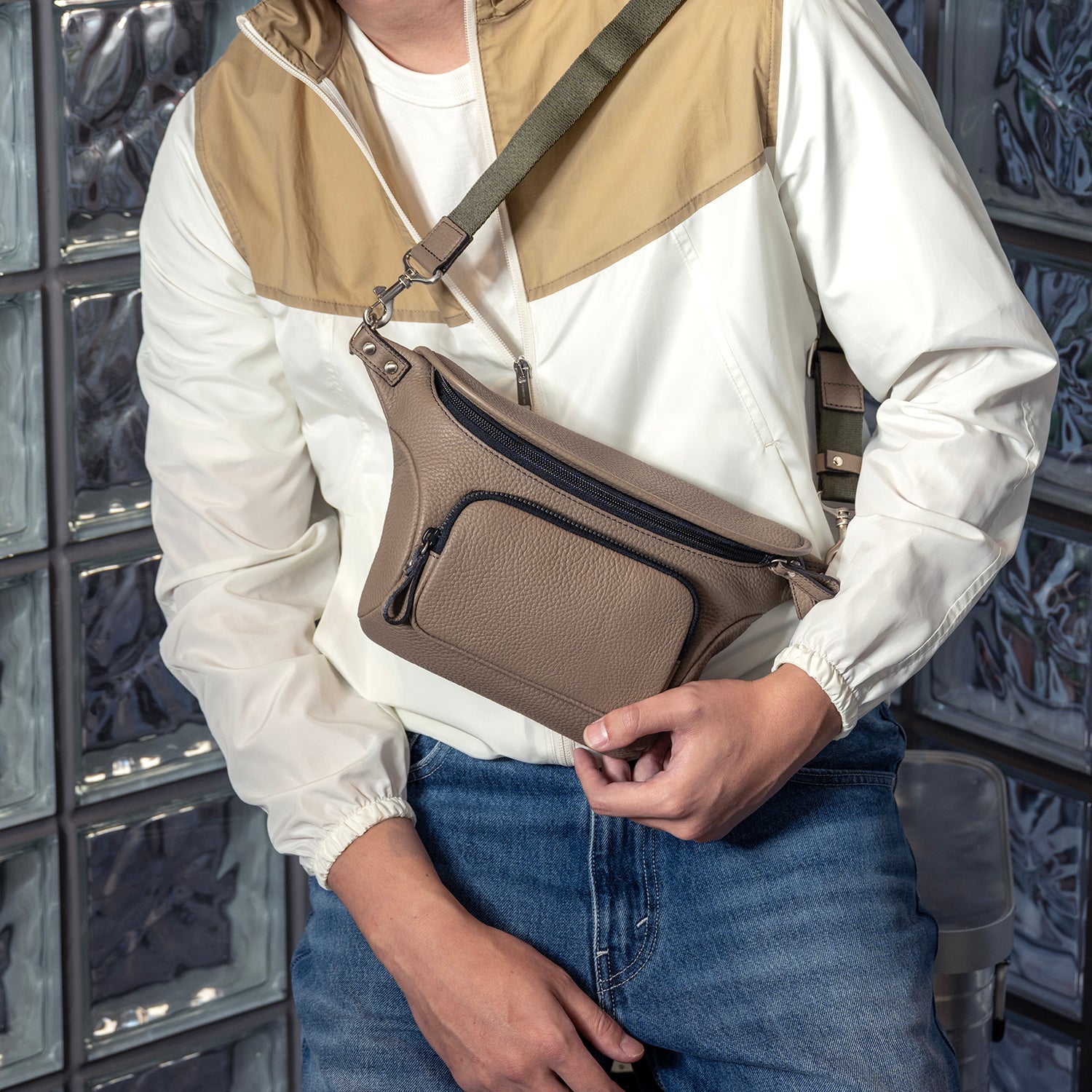 FUJITAKA|瀨尾浩司 旅行皮革腰包 (卡其棕)