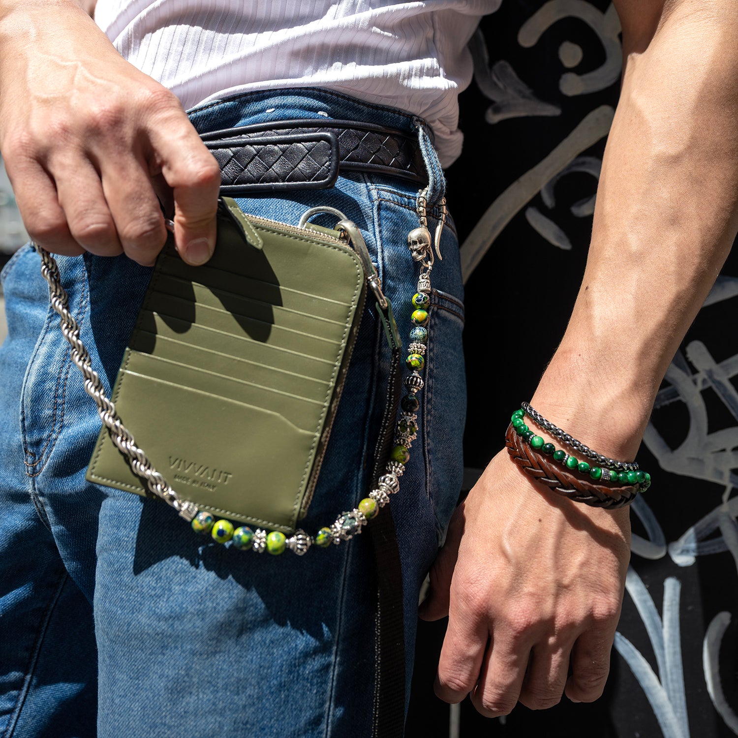 COMPTOIR REMIX|VIVVANT 皮革肩揹式卡夾 X MANCINO 礦石褲鍊 (綠)