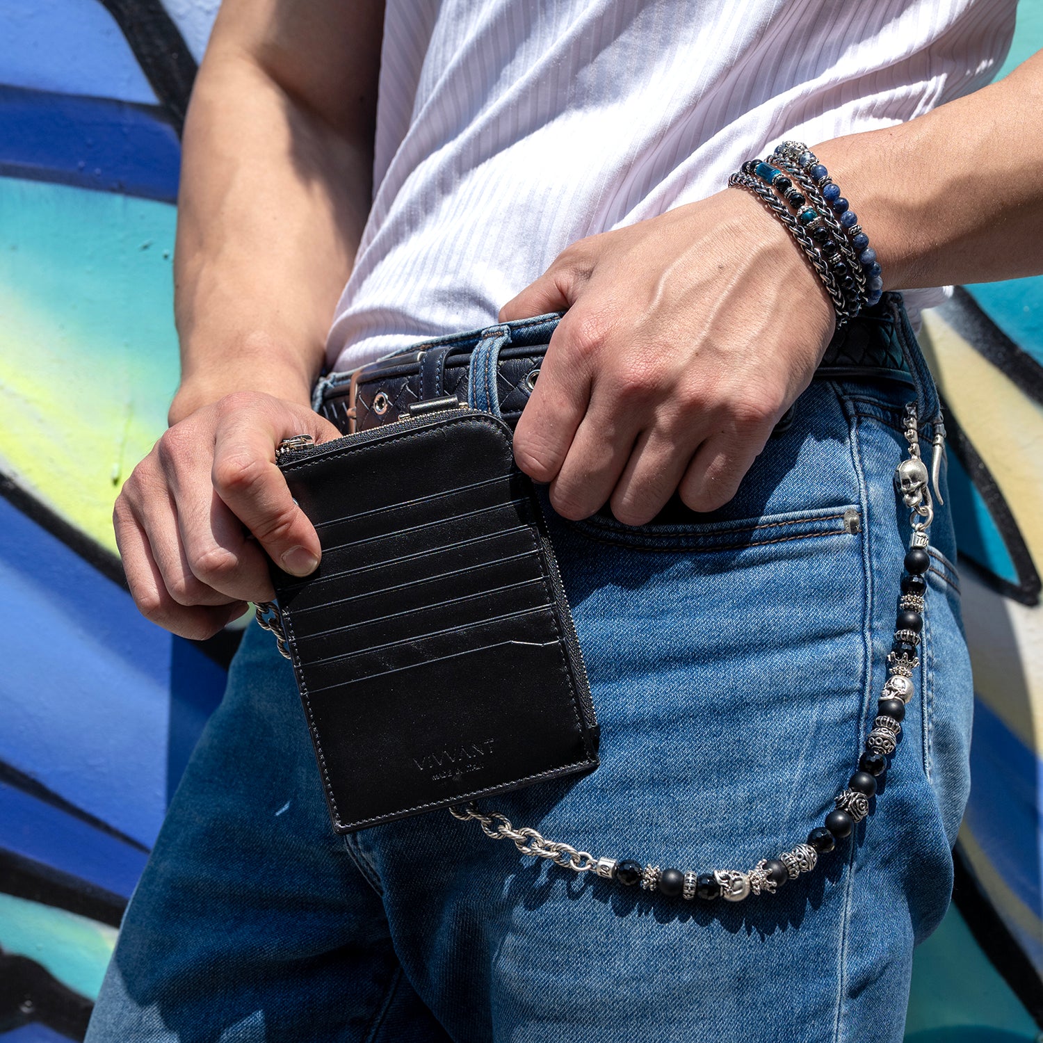 COMPTOIR REMIX|VIVVANT 皮革肩揹式卡夾 X MANCINO 礦石褲鍊 (黑)