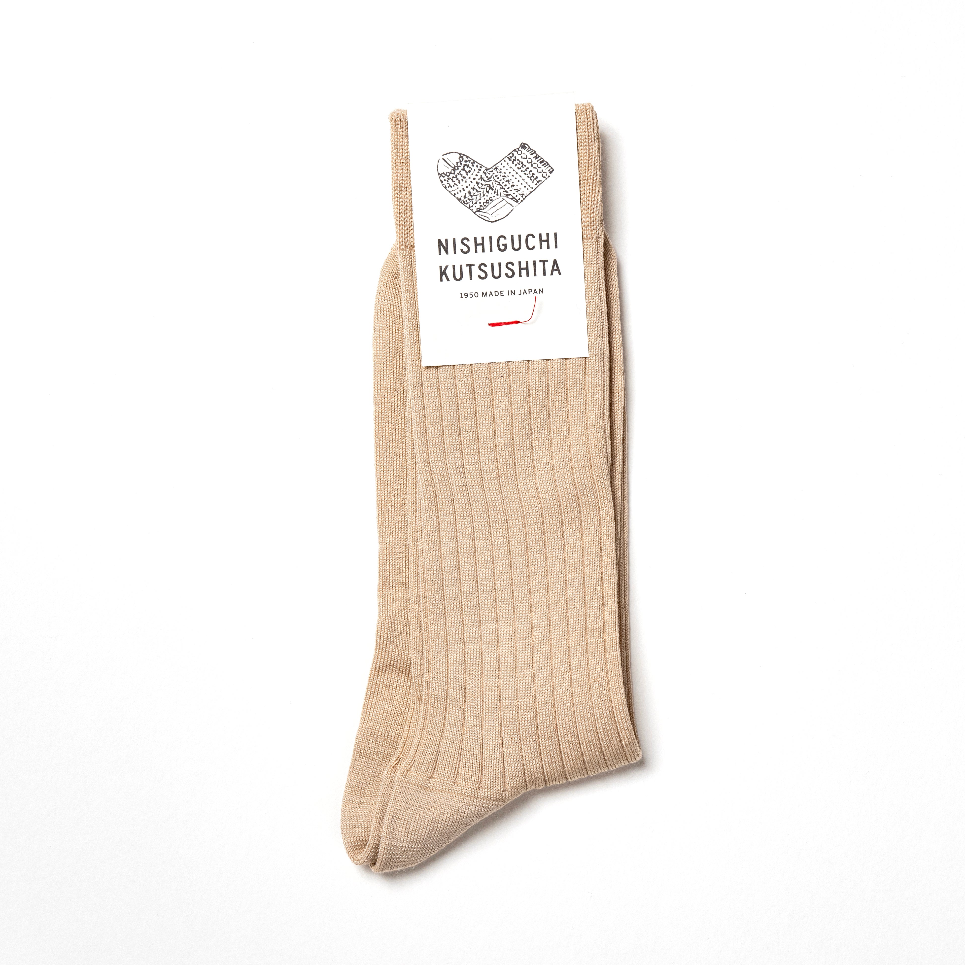 NISHIGUCHI KUTSUSHITA|Praha 絲綿混紡羅紋中筒襪 (淺駝色)