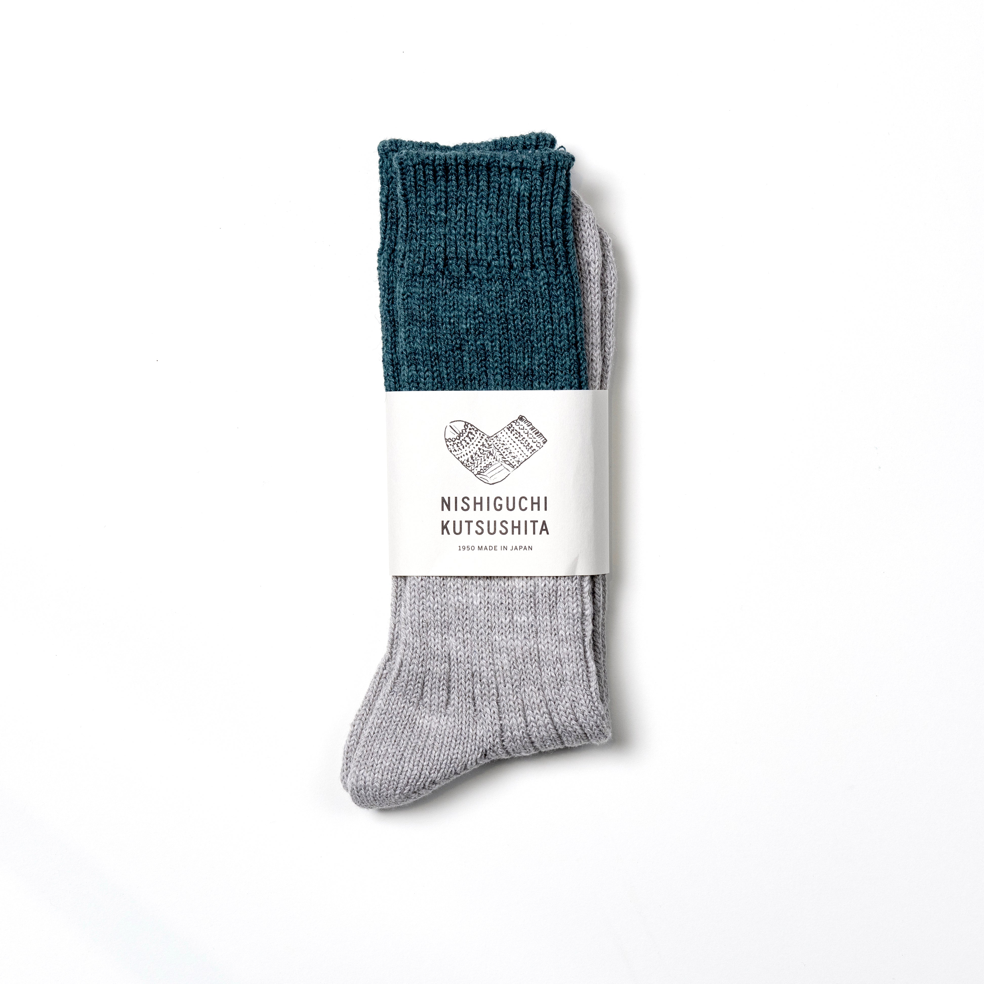 NISHIGUCHI KUTSUSHITA|波士頓棉毛混紡長襪 (淺灰/綠)