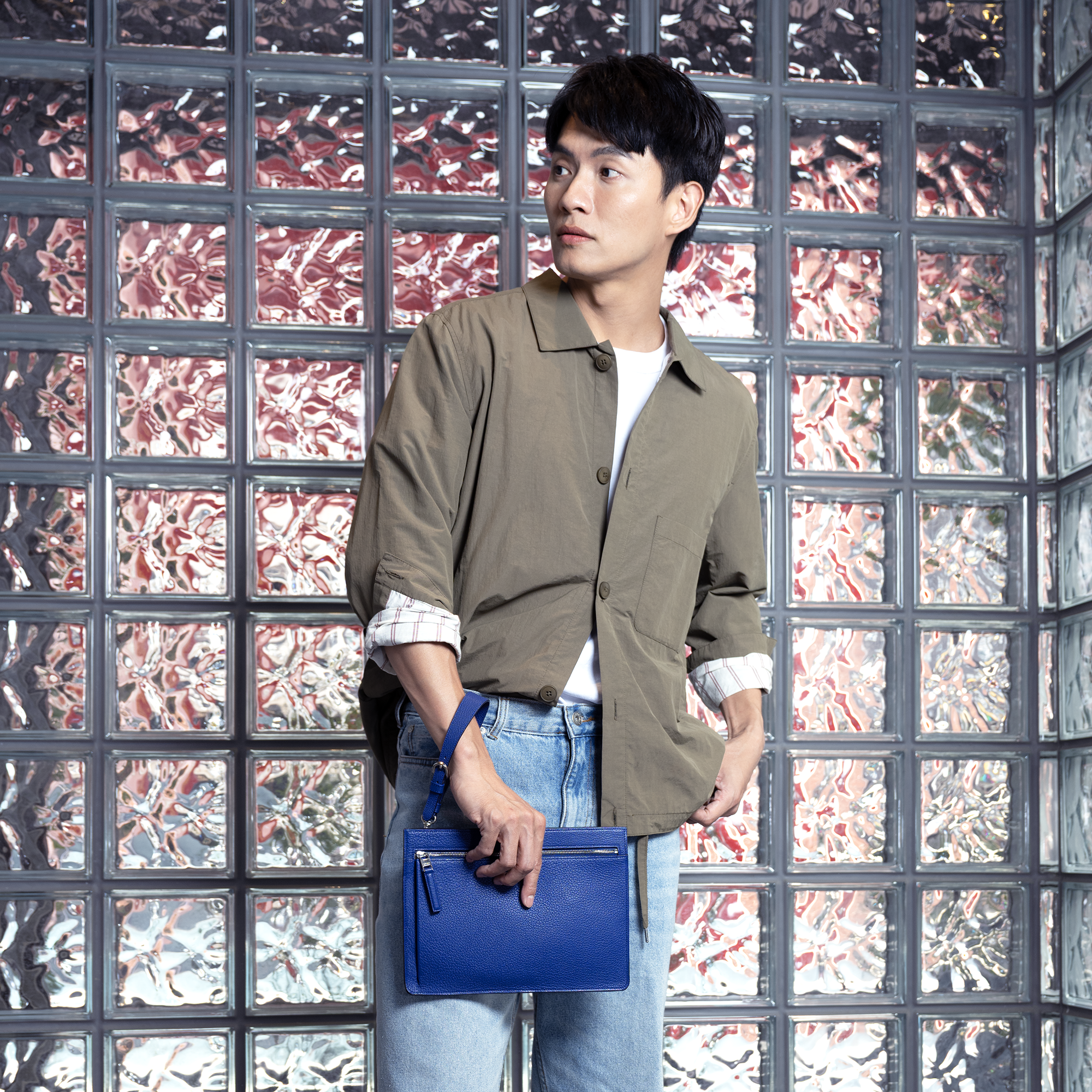 FUJITAKA｜Chevre 山羊皮革手拿/單肩兩用包 (藍)