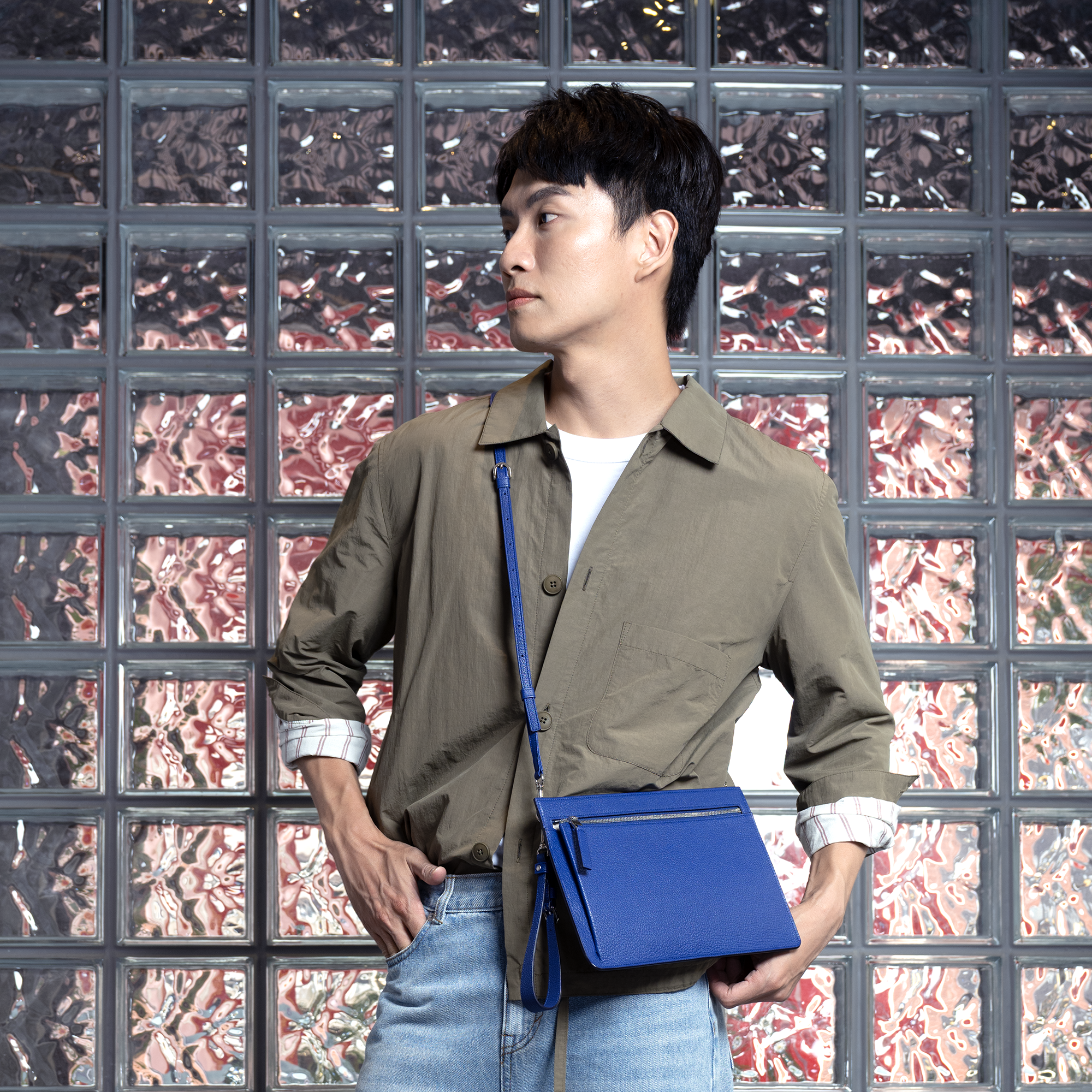 FUJITAKA｜Chevre 山羊皮革手拿/單肩兩用包 (藍)