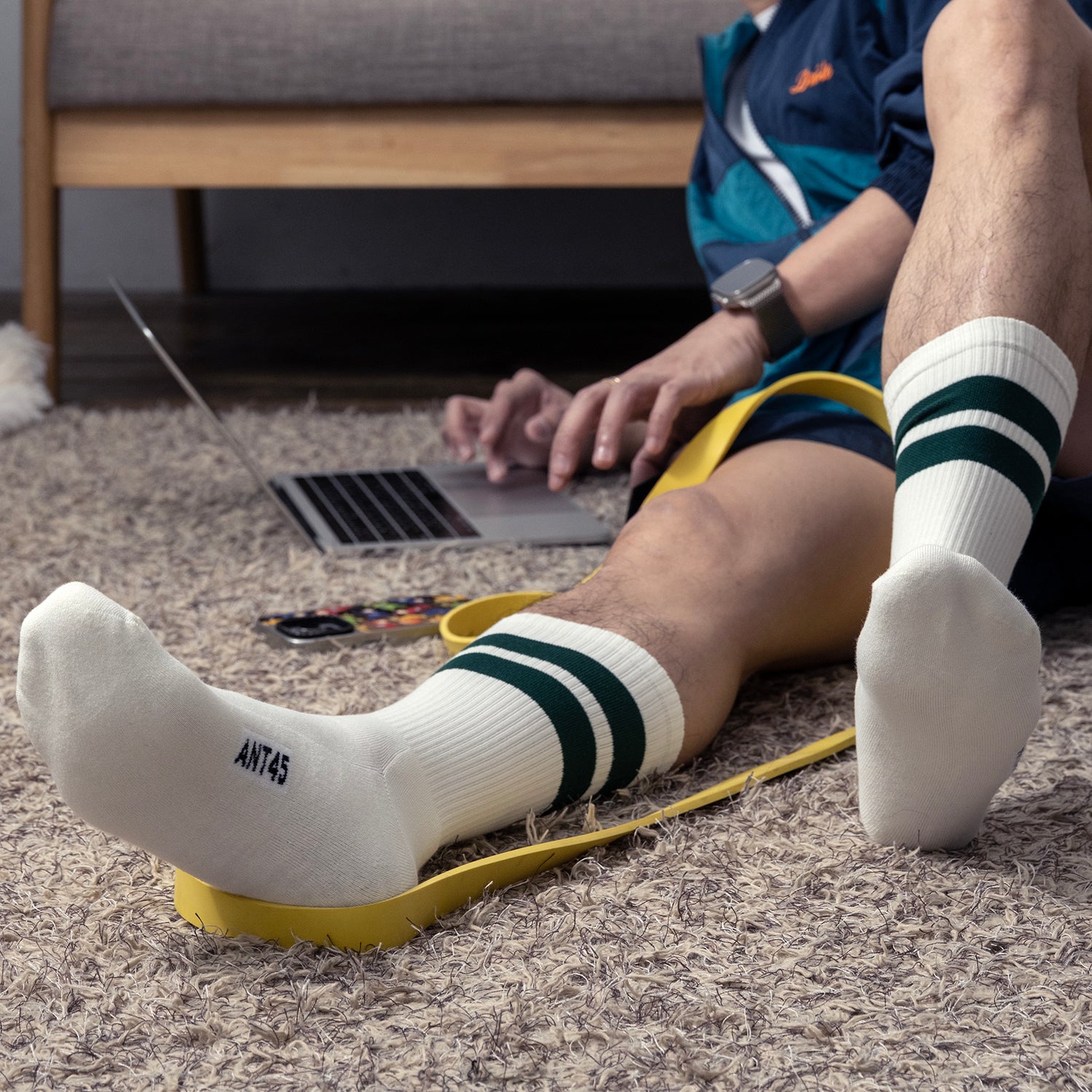 ANT45｜Bernera 羅紋中筒襪 (深綠/米白）