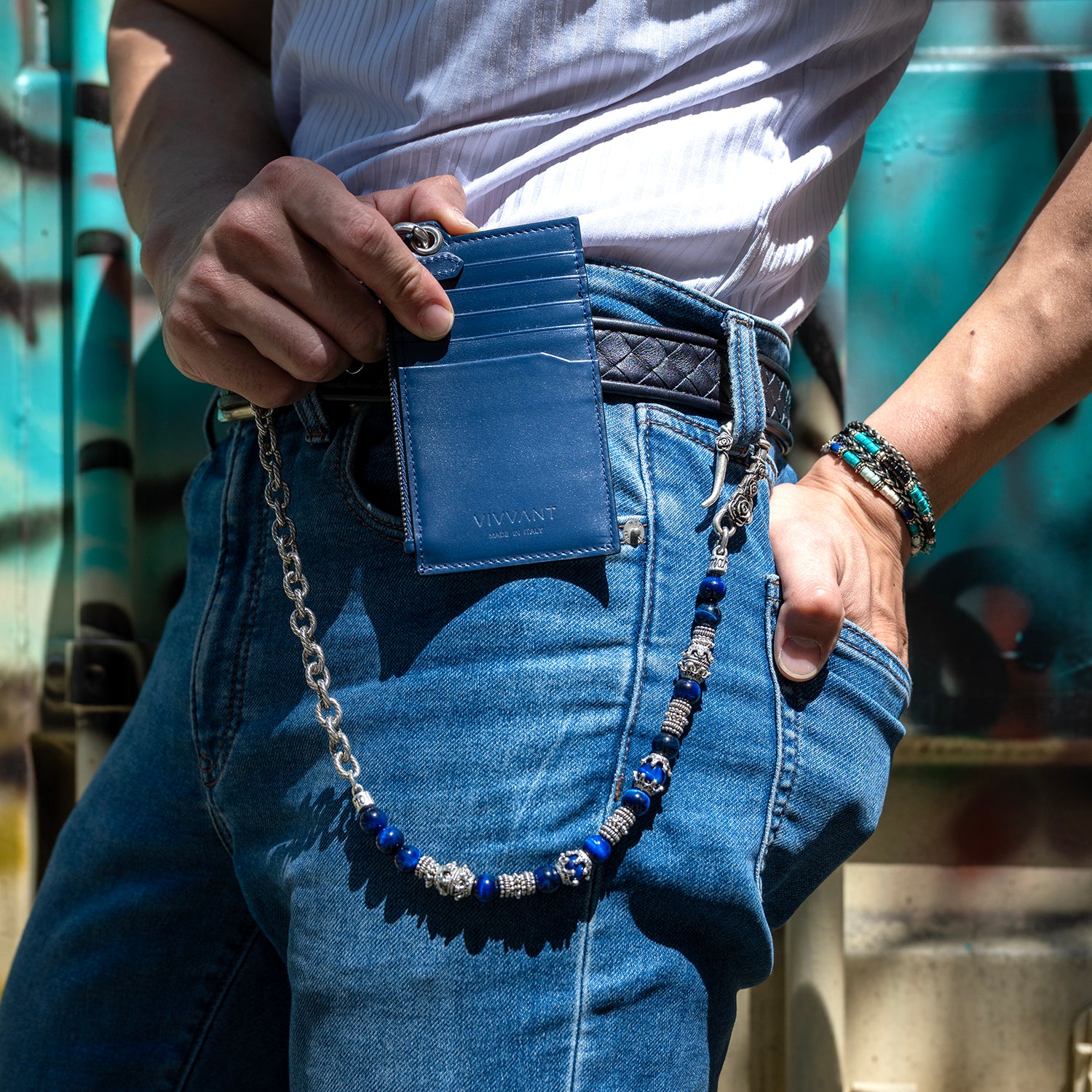 COMPTOIR REMIX｜VIVVANT 皮革小卡夾 X MANCINO 礦石褲鍊 (藍)
